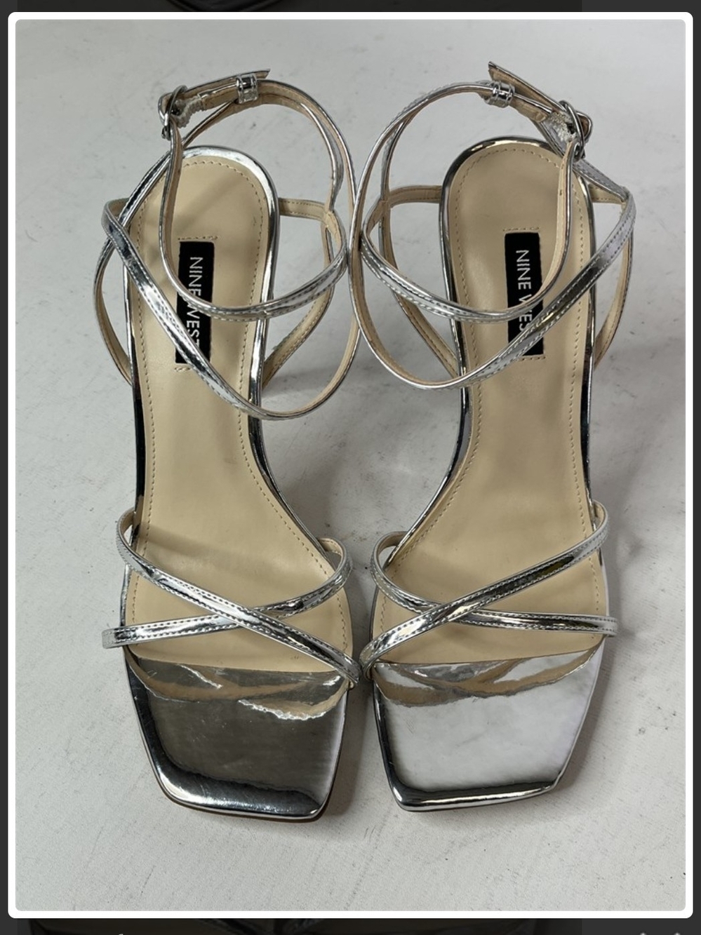 Nine West Silver Metallic Strappy Square-Toe Heels